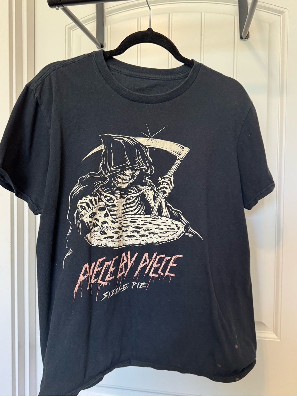 Black Graphic Short Sleeve Tee with Cream Skeleton Pie Illustration